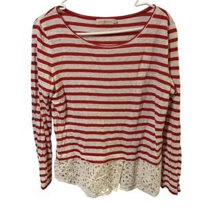 Tory Burch Size Medium Red Linen Striped Blouse Eyelet Hem